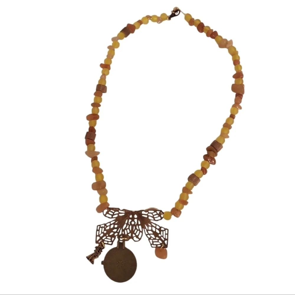 14K Gold Agate Bronze Clock Cut Out Yellow Frosted Glass Charm Wood Necklace